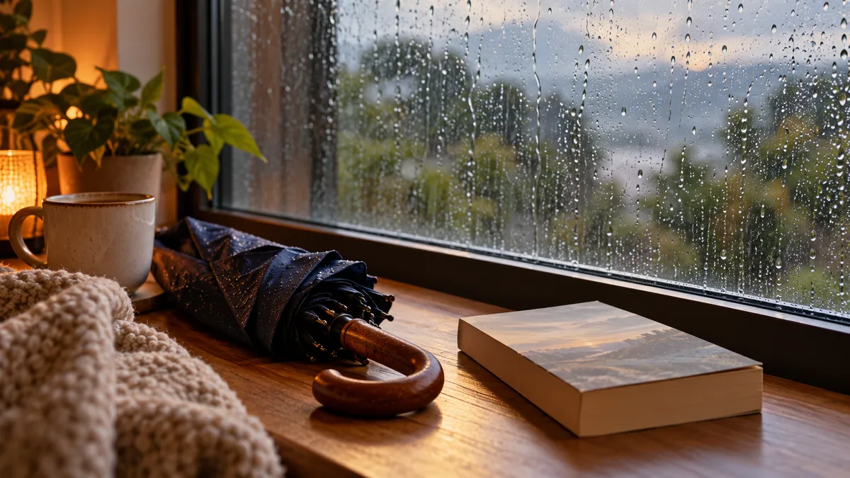Imagem ilustrativa: Gotas na janela, guarda-chuva fechado e livro